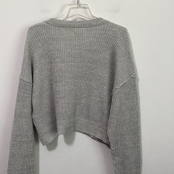Aeropostale V Neck Sweater L Grey Cropped Long Sleeve Chunky Knit Womens NEW - Picture 7 of 10